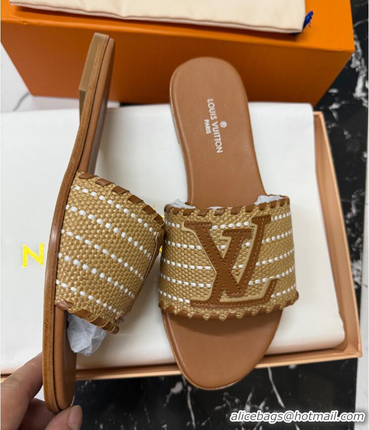 Duplicate Louis Vuitton Starboard Flat Slide Sandal in LV Raffia and Leather Brown 427116