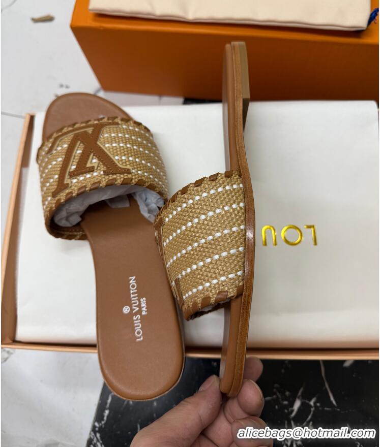 Duplicate Louis Vuitton Starboard Flat Slide Sandal in LV Raffia and Leather Brown 427116