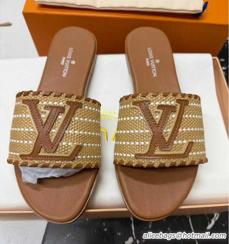 Duplicate Louis Vuitton Starboard Flat Slide Sandal in LV Raffia and Leather Brown 427116
