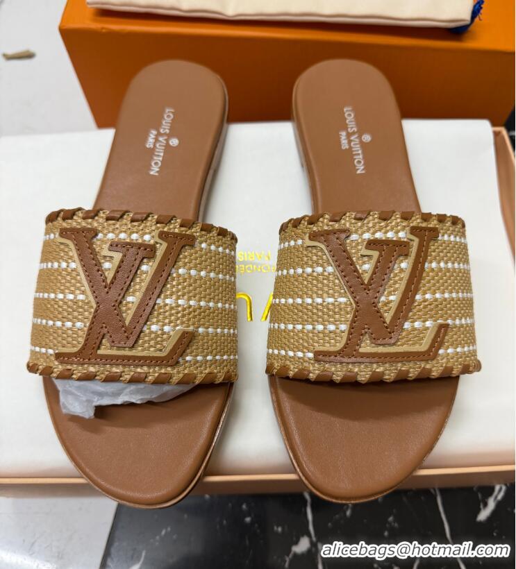 Duplicate Louis Vuitton Starboard Flat Slide Sandal in LV Raffia and Leather Brown 427116