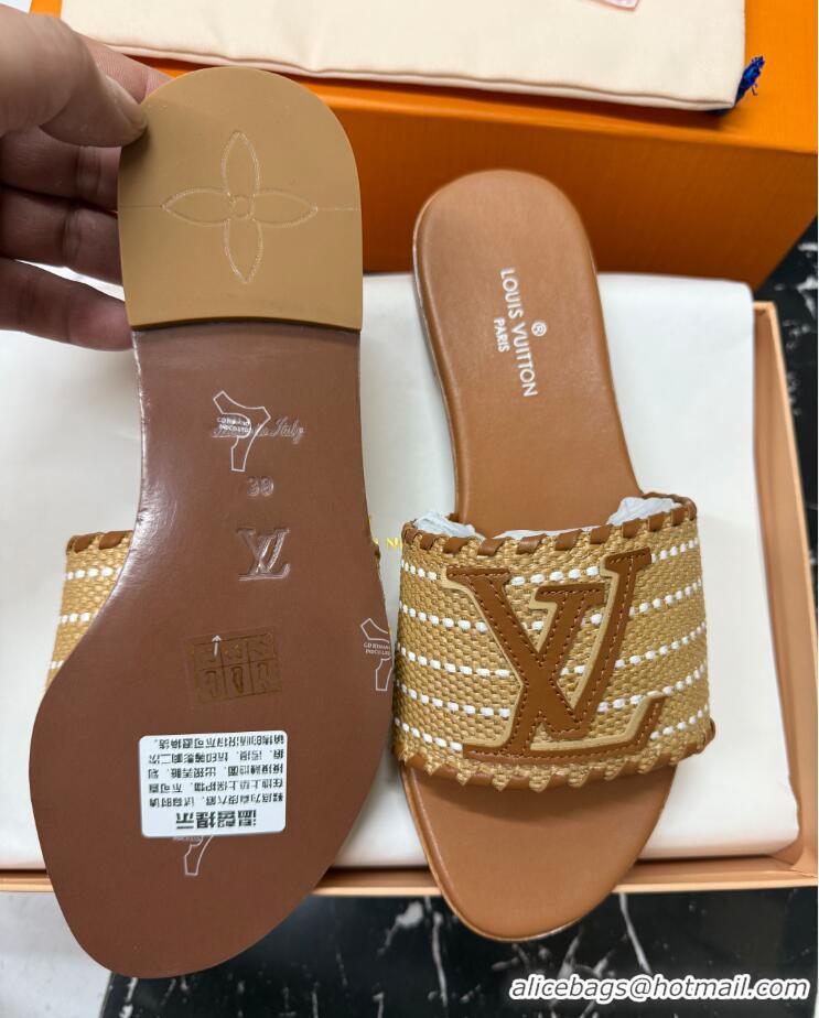 Duplicate Louis Vuitton Starboard Flat Slide Sandal in LV Raffia and Leather Brown 427116