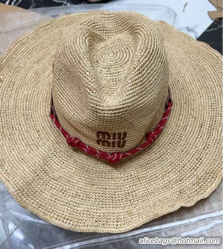 Buy Discount Miu Miu Straw Wide Brim Hat with Red Cord M7025 2025