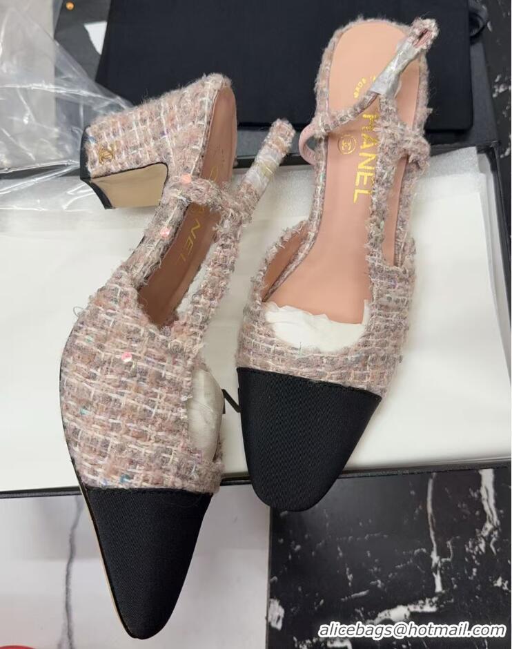 Low Cost Chanel Tweed & Grosgrain Slingback Pumps G31318 6.5cm Light Pink