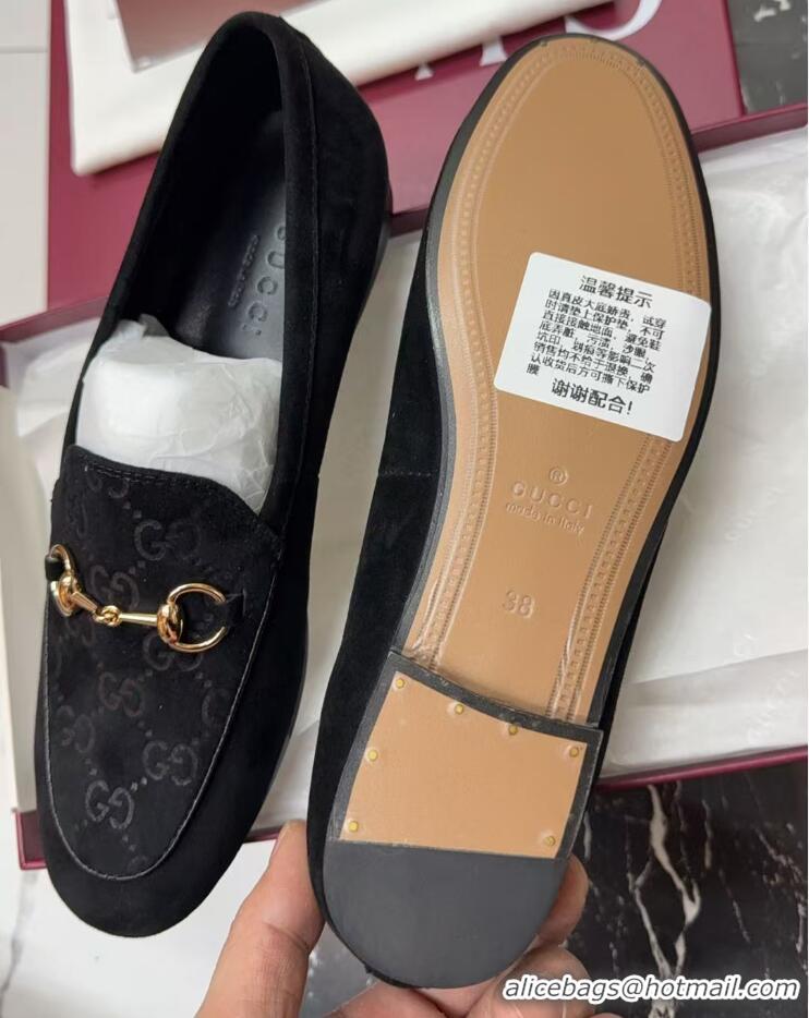 Leisure Gucci Jordaan GG Upper Suede Flat Loafers with Horsebit Black 2025 840725