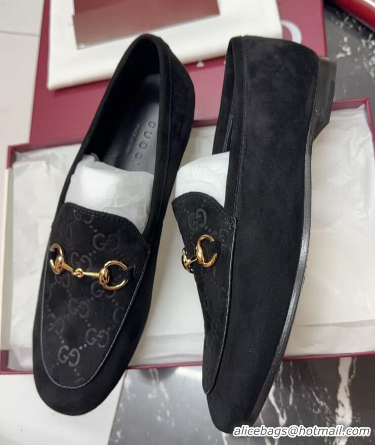 Leisure Gucci Jordaan GG Upper Suede Flat Loafers with Horsebit Black 2025 840725