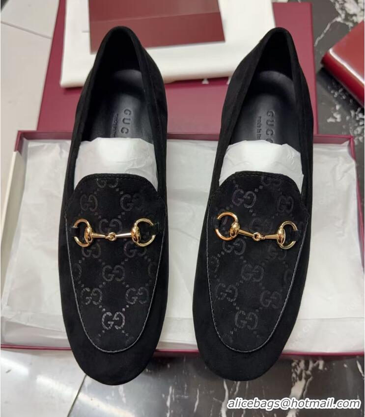 Leisure Gucci Jordaan GG Upper Suede Flat Loafers with Horsebit Black 2025 840725