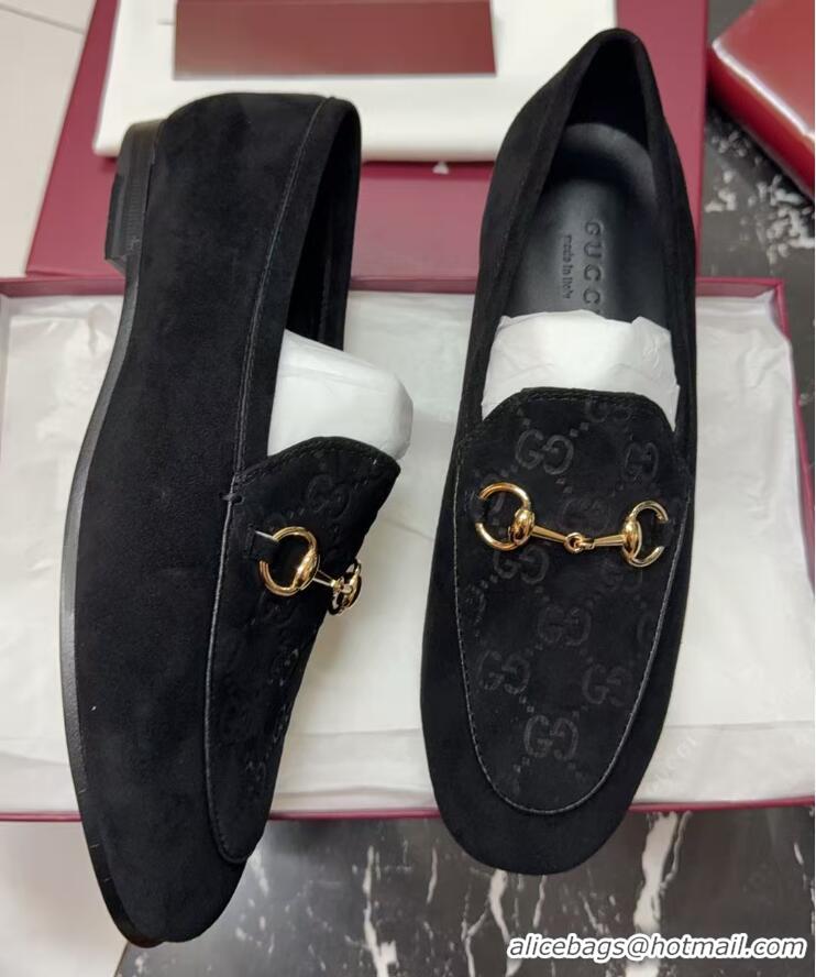 Leisure Gucci Jordaan GG Upper Suede Flat Loafers with Horsebit Black 2025 840725