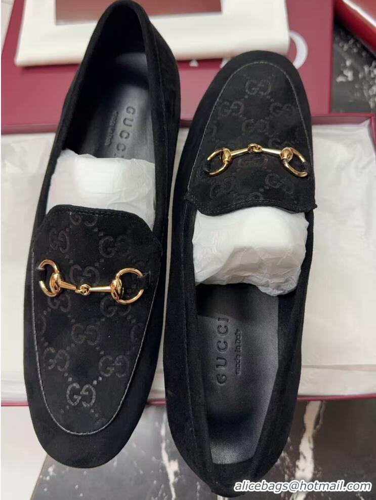 Leisure Gucci Jordaan GG Upper Suede Flat Loafers with Horsebit Black 2025 840725