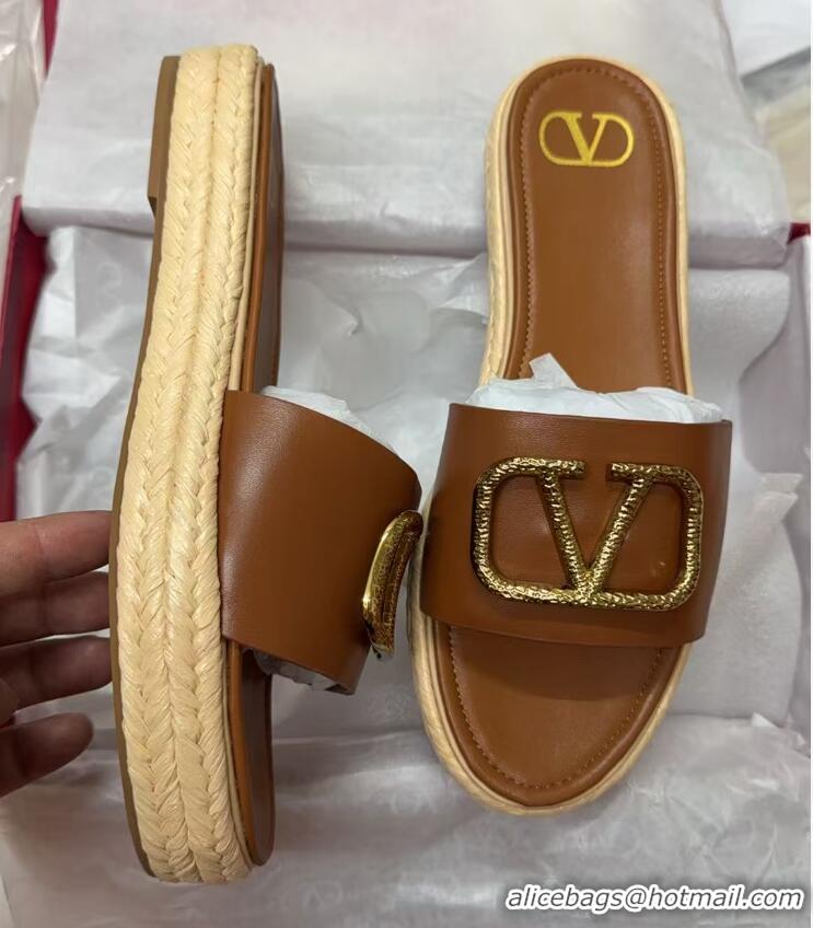 Purchase Valentino VLogo Grainy Calfskin Flat Slides Sandal Brown/Gold 2025 VA082114 0821137
