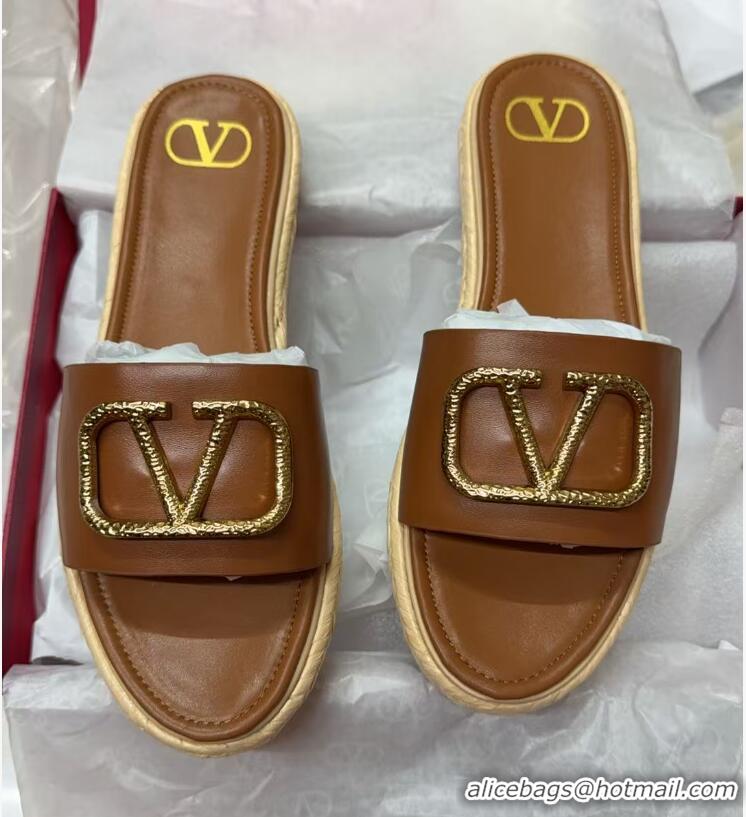 Purchase Valentino VLogo Grainy Calfskin Flat Slides Sandal Brown/Gold 2025 VA082114 0821137