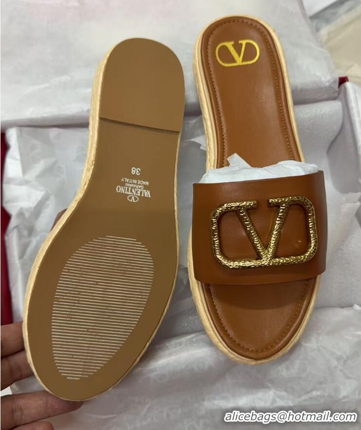 Purchase Valentino VLogo Grainy Calfskin Flat Slides Sandal Brown/Gold 2025 VA082114 0821137
