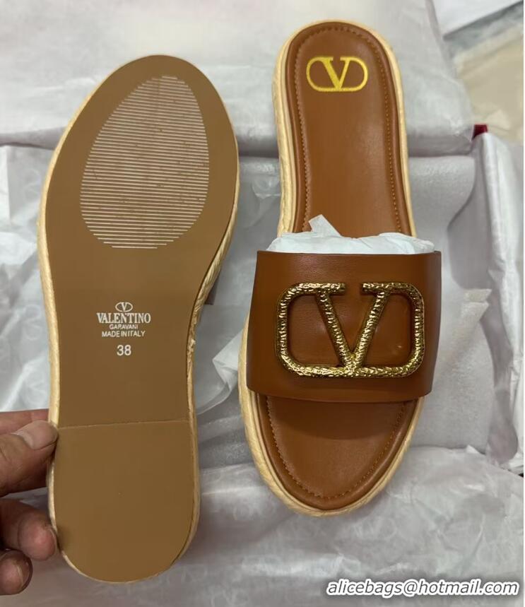 Purchase Valentino VLogo Grainy Calfskin Flat Slides Sandal Brown/Gold 2025 VA082114 0821137