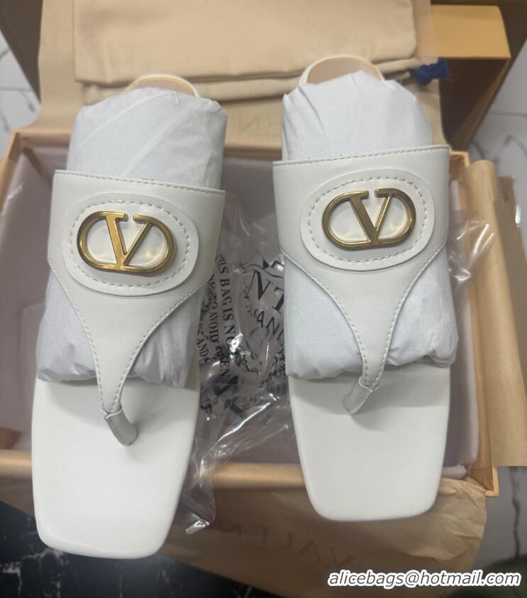 Popular Style Valentino Vlogo Signature Flat Thong Slides Sandal in Calfskin White 0902063