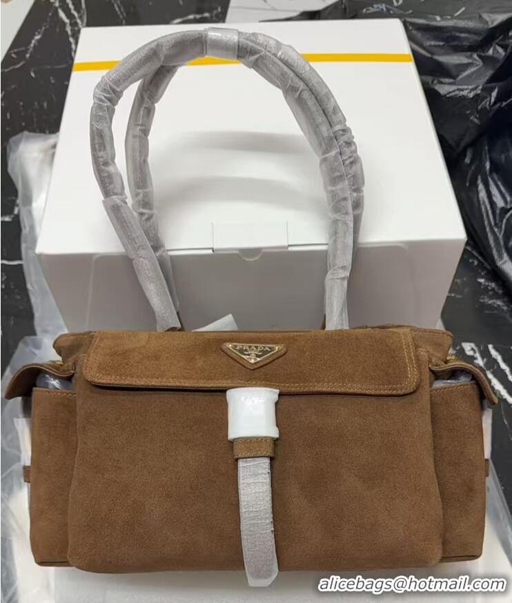Top Grade Prada Explore medium suede tote bag 1BG596 Dark Brown 2025
