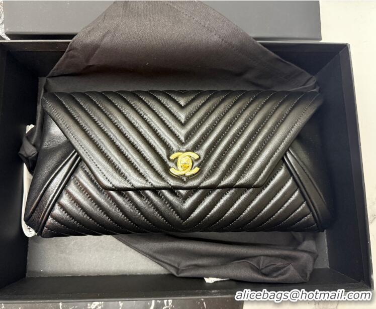 Well Crafted Chanel Chevron Lambskin Leather Clutch AP9855 Black/Gold 2026