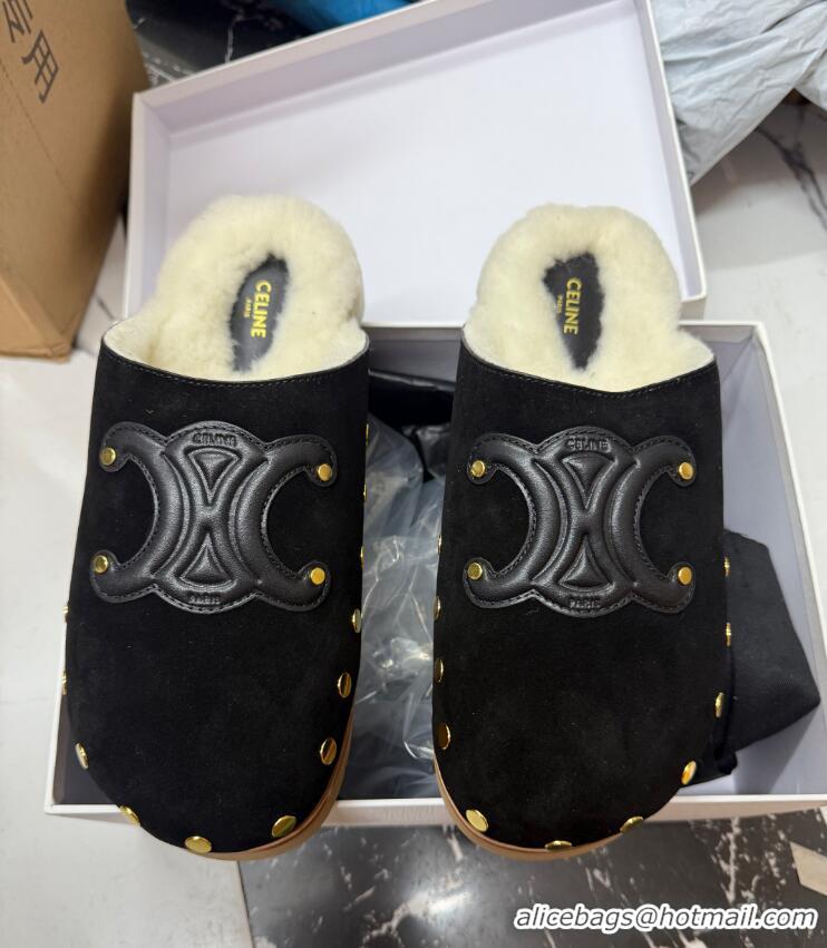 Promotional Celine Pitea Clog Flat Mules in Suede and Wool with Studs 124055 Black