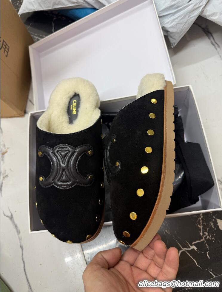 Promotional Celine Pitea Clog Flat Mules in Suede and Wool with Studs 124055 Black