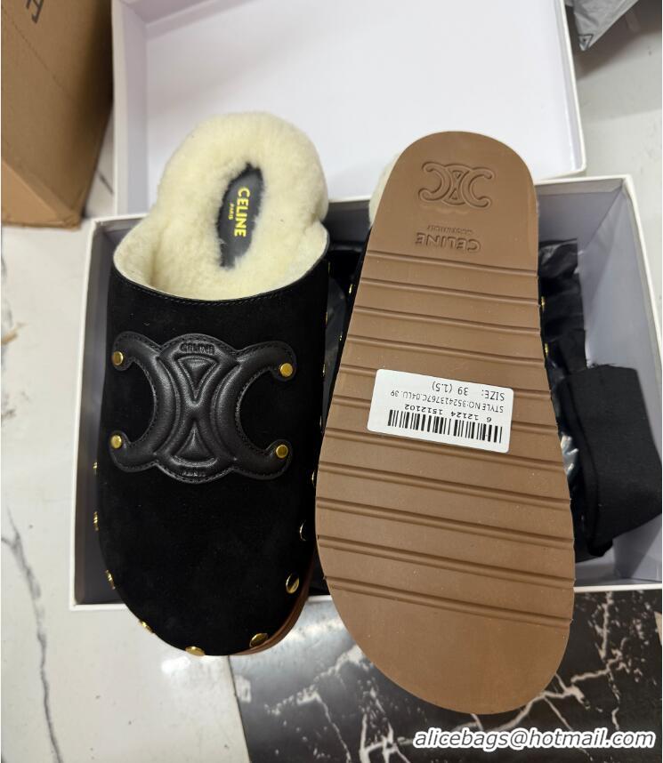 Promotional Celine Pitea Clog Flat Mules in Suede and Wool with Studs 124055 Black