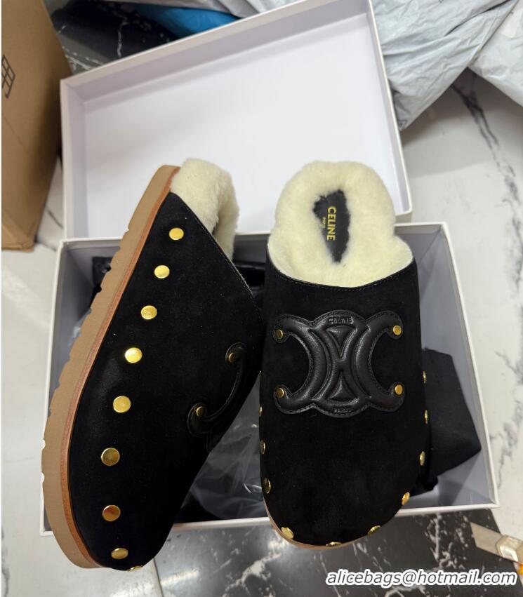 Promotional Celine Pitea Clog Flat Mules in Suede and Wool with Studs 124055 Black
