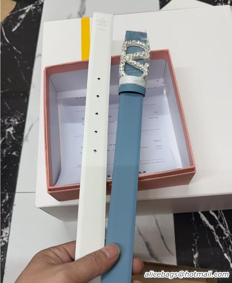 Luxury Cheap Valentino VLogo Calfskin Leather Belt 3cm with Strass Buckle 0108 Light Blue 2025