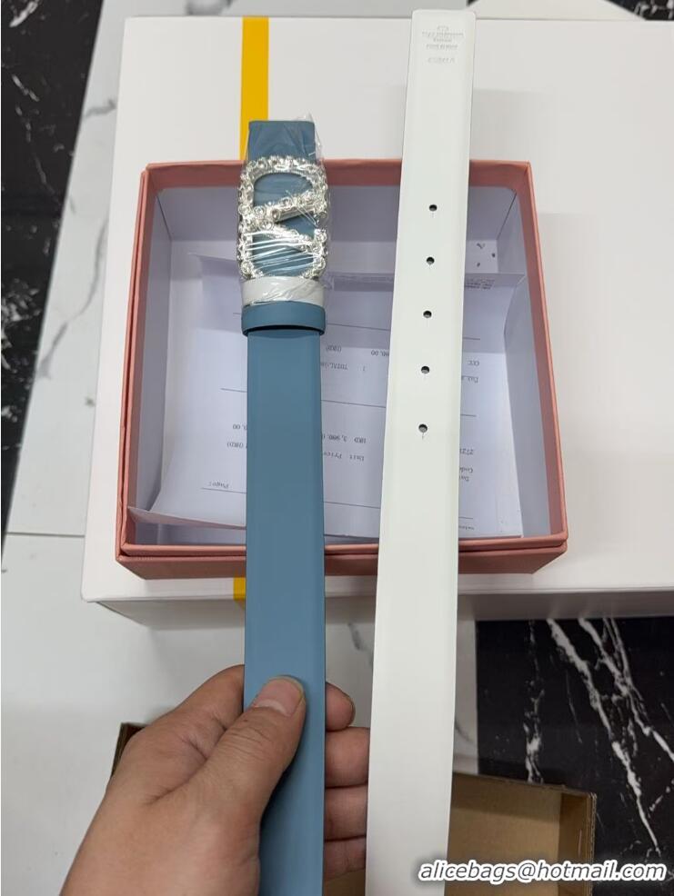 Luxury Cheap Valentino VLogo Calfskin Leather Belt 3cm with Strass Buckle 0108 Light Blue 2025