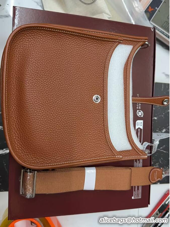 Free Shipping Hermes Evelyne Poche Ⅲ Bag 23cm in Clemence TC Cow Leather H4013 Brown 2026 (Half Handmade)