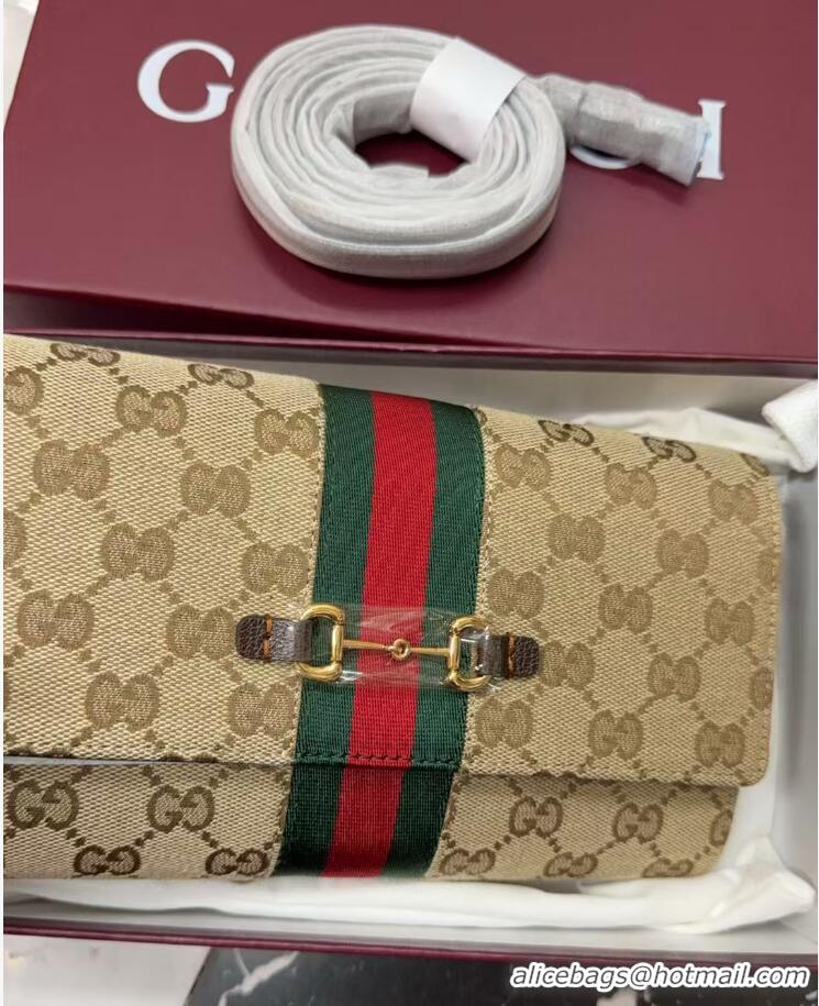 Buy New Cheap Gucci Horsebit Web Wallet With Strap 867120 Brown/Gold