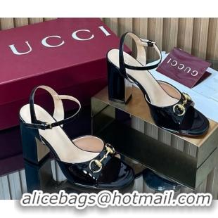 Top Grade Gucci patent leather heel sandals 9 5cm with horsebit black 2026 812292