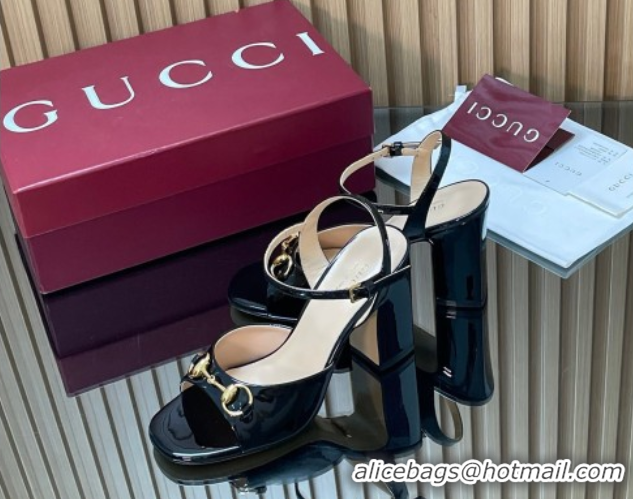 Top Grade Gucci patent leather heel sandals 9 5cm with horsebit black 2026 812292