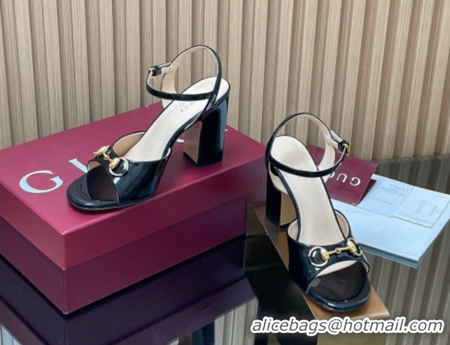 Top Grade Gucci patent leather heel sandals 9 5cm with horsebit black 2026 812292