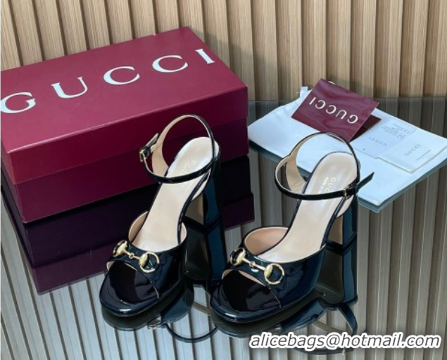 Top Grade Gucci patent leather heel sandals 9 5cm with horsebit black 2026 812292