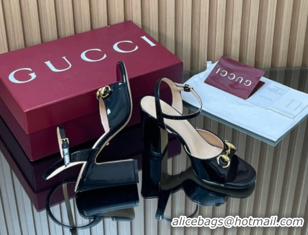 Top Grade Gucci patent leather heel sandals 9 5cm with horsebit black 2026 812292