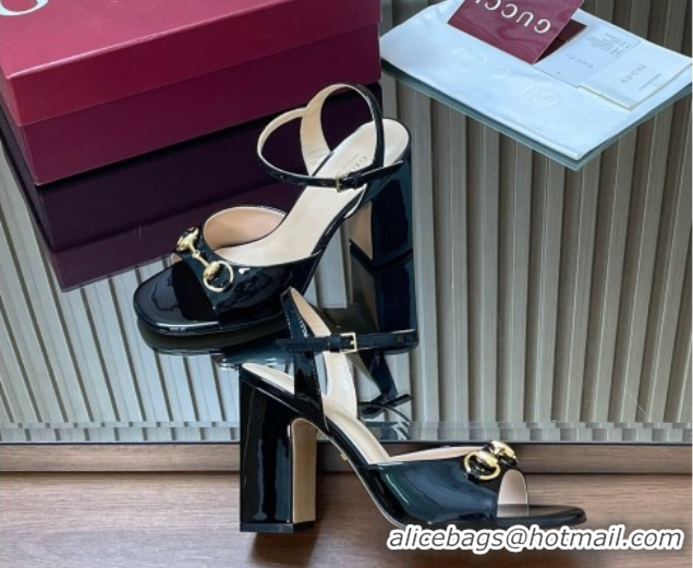 Top Grade Gucci patent leather heel sandals 9 5cm with horsebit black 2026 812292