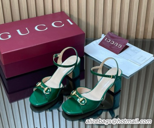 Shop Cheap Gucci patent leather heel sandals 6.5cm with horsebit green 2026 812292