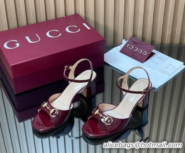 Best Product Gucci patent leather heel sandals 6.5cm with horsebit burgundy 2026 812292
