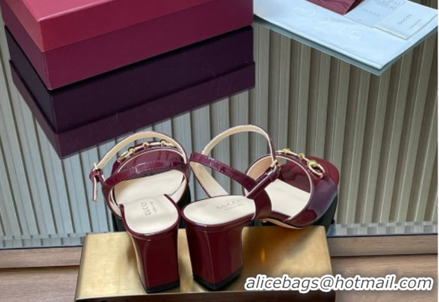 Best Product Gucci patent leather heel sandals 6.5cm with horsebit burgundy 2026 812292