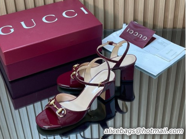 Best Product Gucci patent leather heel sandals 6.5cm with horsebit burgundy 2026 812292