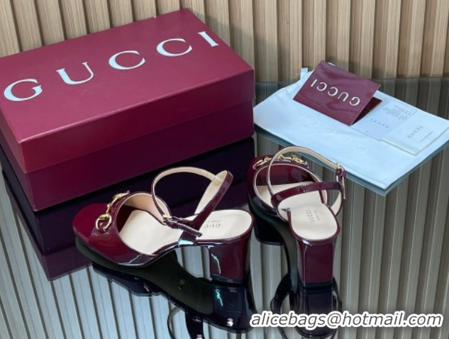 Best Product Gucci patent leather heel sandals 6.5cm with horsebit burgundy 2026 812292