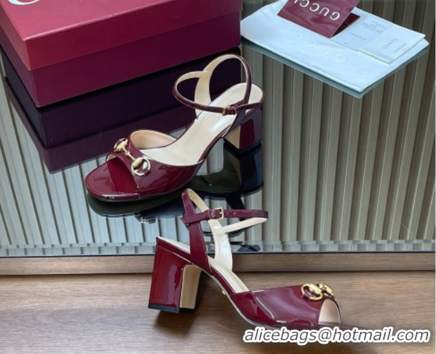 Best Product Gucci patent leather heel sandals 6.5cm with horsebit burgundy 2026 812292
