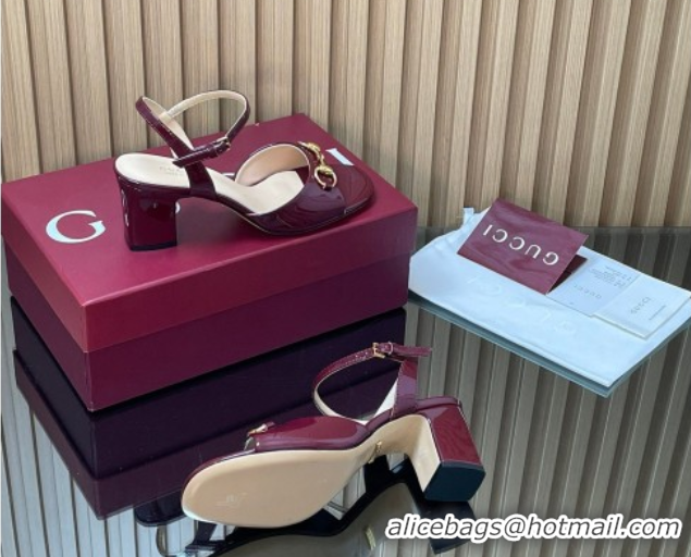 Best Product Gucci patent leather heel sandals 6.5cm with horsebit burgundy 2026 812292