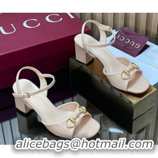 Buy Luxury Gucci patent leather heel sandals 6.5cm with horsebit pale pink 2026 812292
