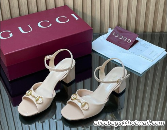 Buy Luxury Gucci patent leather heel sandals 6.5cm with horsebit pale pink 2026 812292