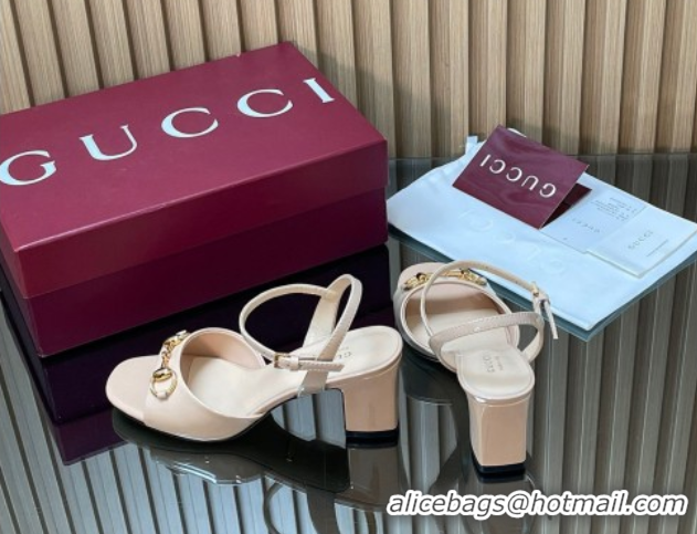 Buy Luxury Gucci patent leather heel sandals 6.5cm with horsebit pale pink 2026 812292