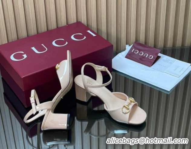 Buy Luxury Gucci patent leather heel sandals 6.5cm with horsebit pale pink 2026 812292