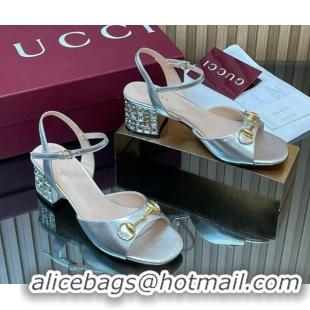 Good Looking Gucci calfskin leather heel sandals 5.5cm with horsebit and strass silver 2026 812292
