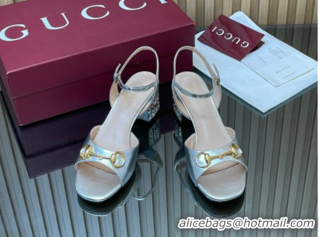 Good Looking Gucci calfskin leather heel sandals 5.5cm with horsebit and strass silver 2026 812292