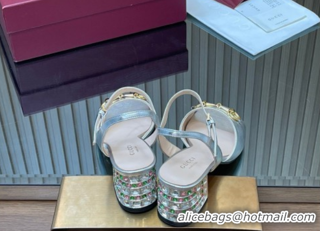 Good Looking Gucci calfskin leather heel sandals 5.5cm with horsebit and strass silver 2026 812292