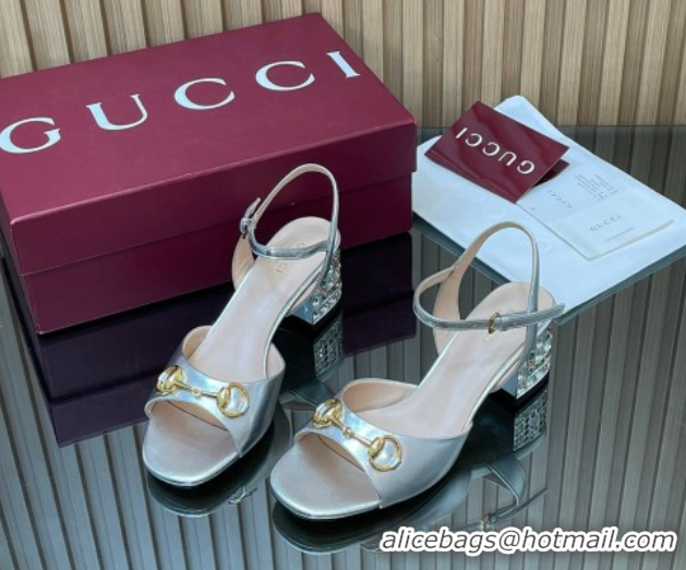 Good Looking Gucci calfskin leather heel sandals 5.5cm with horsebit and strass silver 2026 812292