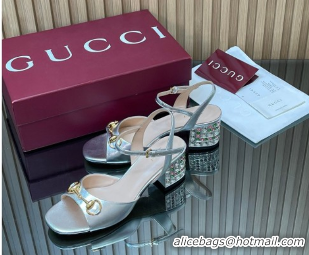 Good Looking Gucci calfskin leather heel sandals 5.5cm with horsebit and strass silver 2026 812292