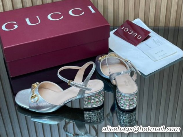 Good Looking Gucci calfskin leather heel sandals 5.5cm with horsebit and strass silver 2026 812292